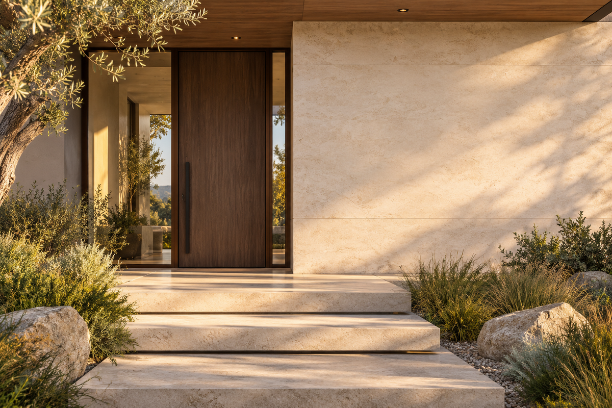 Straight-on modern house exterior with a blank wall