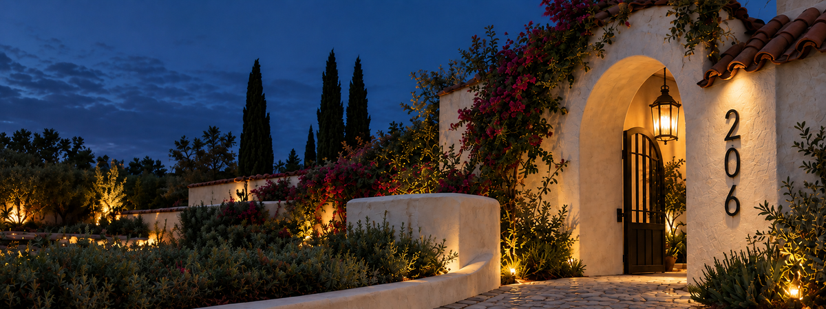 Thin black house numbers 206 beside an arched entrance at dusk, with natural stucco texture and warm lantern light.